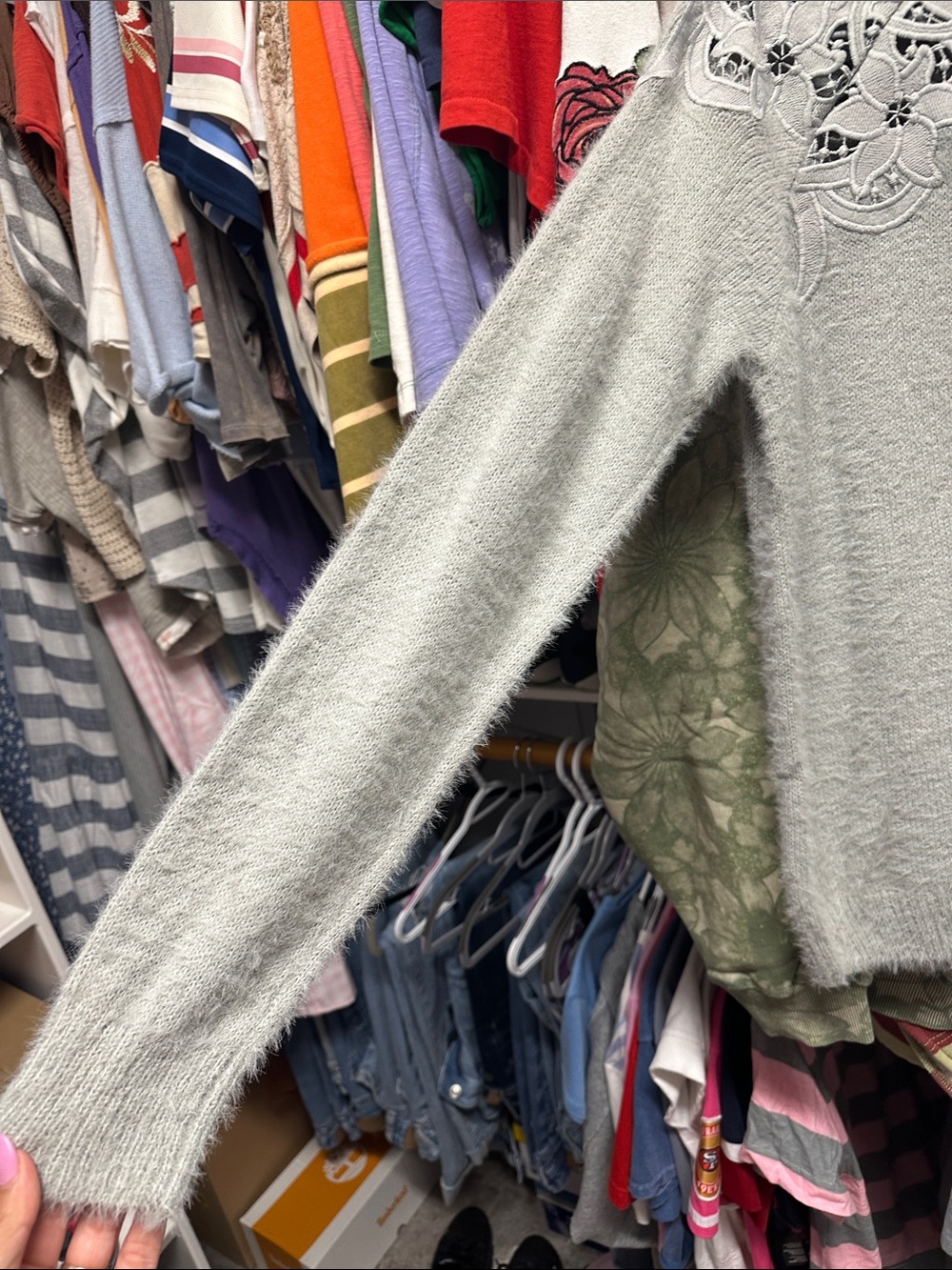Vici Light Gray Lace Yoke Crew Neck Sweater - Picture 8 of 8
